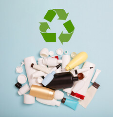 Guide for separate collection of HDPE bottles from cosmetics for recycling. Symbol of High-Density...