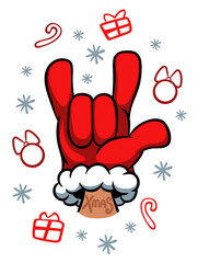 christmas card. red mittens. the goat gesture. color vector illustration. a youth gesture.