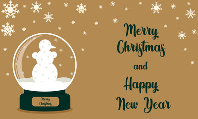 Merry Christmas glass ball with snowflakes and a snowman in the snow. Winter souvenir toy, snow globe