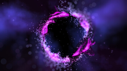 Abstract, purple ring on a black background with reflections of light splashes