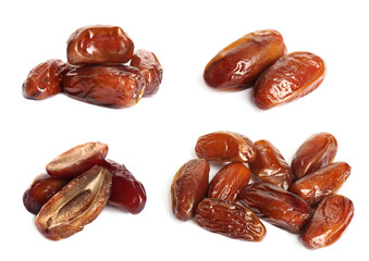 Set with tasty dried dates on white background