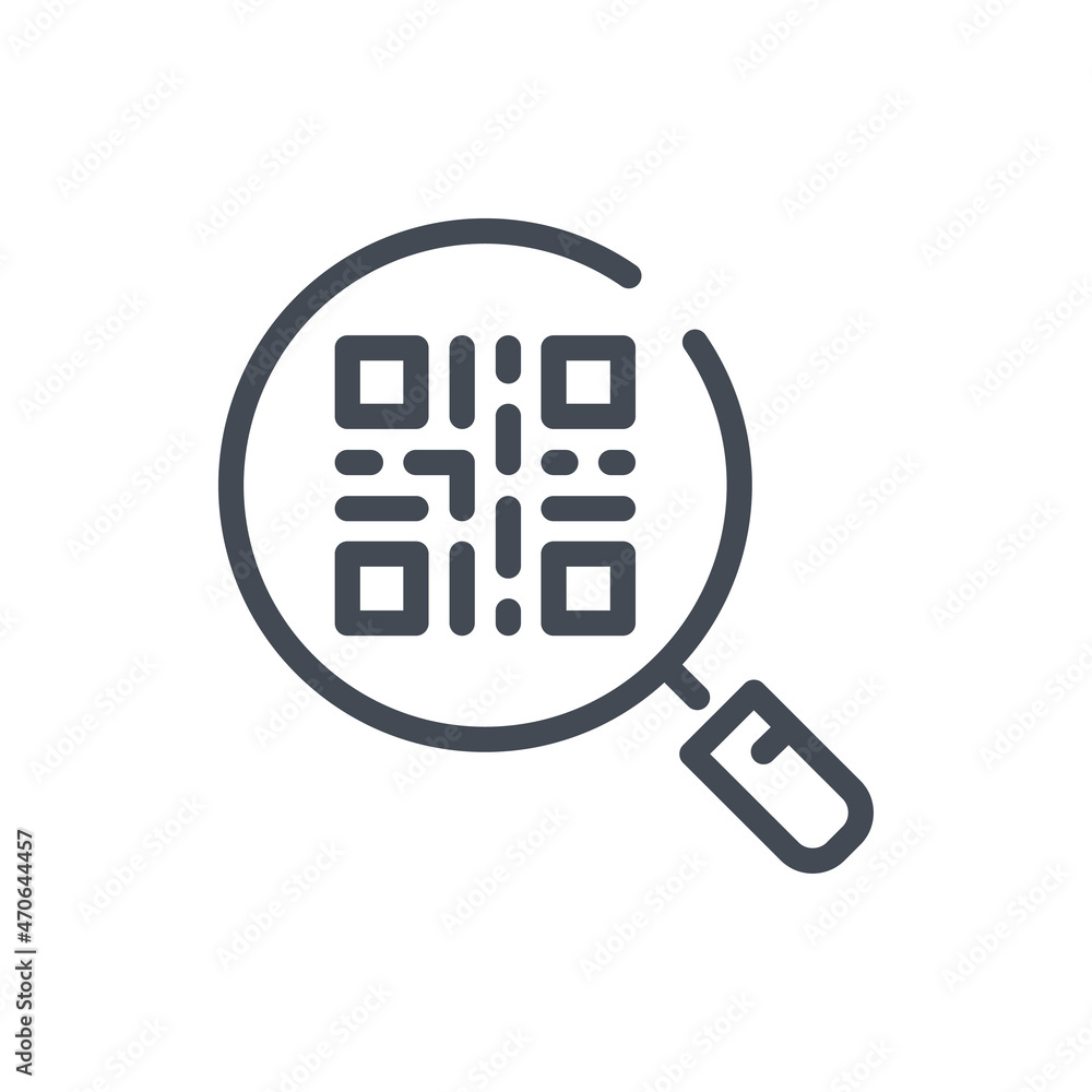 Poster qr code search line icon. magnifier glass with product code vector outline sign.