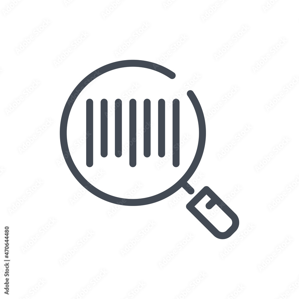 Poster bar code search line icon. magnifier glass with product code vector outline sign.