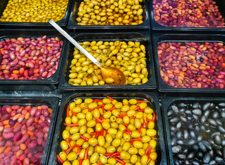 many types of olives in the store