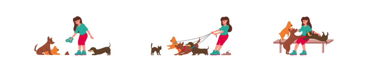 Girl walks three dogs and gets into various situations. Dogs walking concepts set