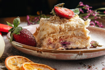 Napoleon cake with fresh strawberry