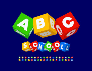 Vector colorful Kids style Font. Isometric playful Alphabet. Cube Toys Letters and Numbers set