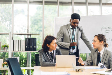 Group of professional business meeting and discussing strategy with new startup project.Creative african american man planning and brainstorm with laptop computer in modern office.Teamwork