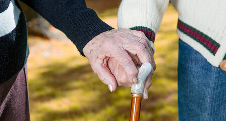 Elder couple with stick hand to hand walking in the garden