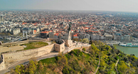 Fototapeta premium The Citadel and Budapest skyline. Panoramic aerial view of Hungarian Capital from the sky