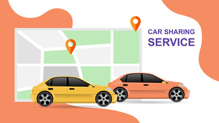 Car sharing service illustration, online transportation using phone and online map. vector illustration