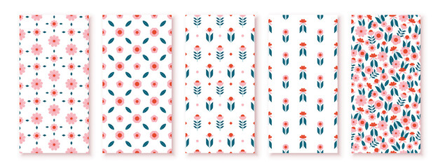 Set of Scandinavian nordic floral seamless pattern with simple geometric flower elements pastel colors - obrazy, fototapety, plakaty