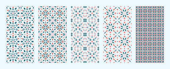 Set of nordic floral seamless pattern with geometric flower elements