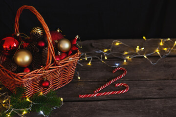basket with Christmas decorations