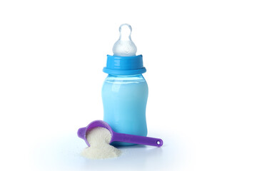 Concept of baby food with рowdered milk isolated on white background