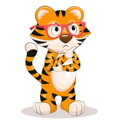 A cute tiger cub in pink glasses stands in a pensive pose. Flat vector illustration isolated on white background.