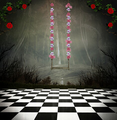 Dark forest background with a magic swing over a chessboard floor - obrazy, fototapety, plakaty