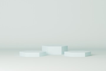 Minimal scene with podium and abstract background. Pastel blue and white colors scene. Trendy 3d render for social media banners, promotion, cosmetic product show. Geometric shapes interior.
