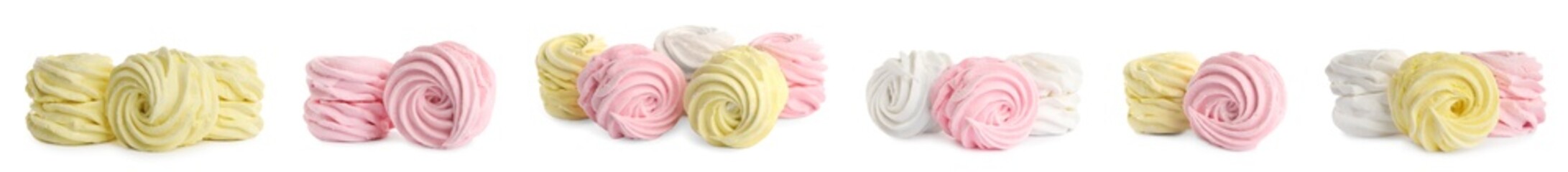 Set with different tasty zephyrs on white background. Banner design
