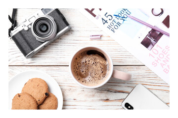 Paper photo. Flat lay composition with aromatic hot coffee on white wooden table