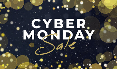 Cyber Monday Sale Graphic with Gold Bokeh Lights and Glitter Background, Widescreen, Horizontal