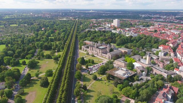 Hanover: Aerial view of city in Germany, main building of University of Hanover (Leibniz Universit&auml;t Hannover) - landscape panorama of Europe from above