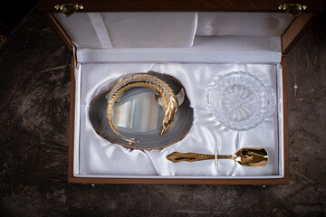 Caviar dish made of precious materials in the shape of a sturgeon fish in a gift box