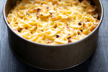 italian american baked farfalle bow pasta in bechamel sauce