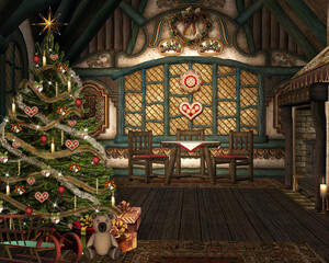 Vintage cottage interior with a christmas tree and gift boxes