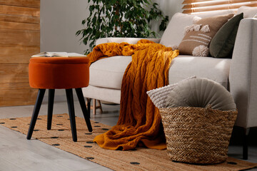Stylish living room interior with comfortable sofa and ottoman