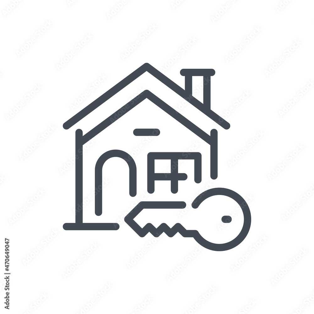 Poster home access line icon. house building with key vector outline sign.