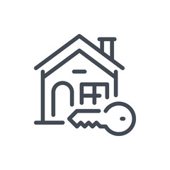 Home access line icon. House building with key vector outline sign.