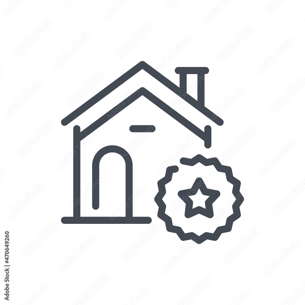 Poster quality building line icon. house building with star badge vector outline sign.