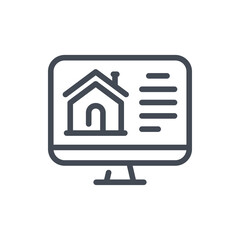 Search for real estate on the Internet line icon. Computer with house website vector outline sign.