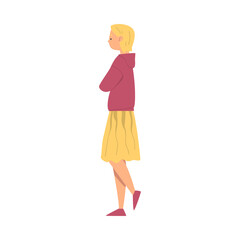 Puzzled Woman Character Walking with Folded Arms Pondering Over the Question Vector Illustration