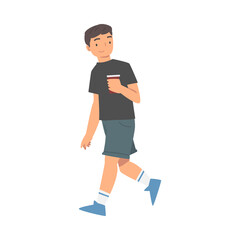 Young Man Walking with Coffee Cup Vector Illustration