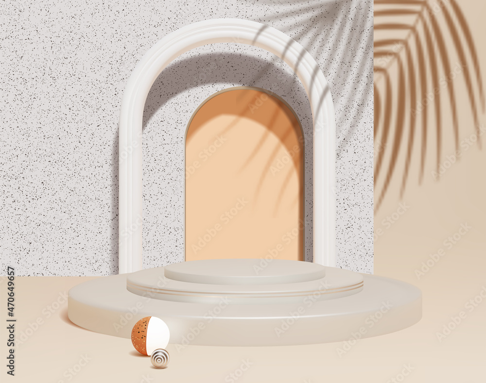 Poster abstract minimal scene with podium platform stage product and palm branch leaf overlay effect for pr