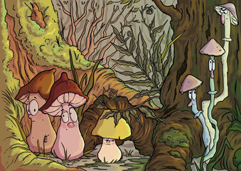 Mushrooms in forest. Funny cartoon characters. Colourful vector illustration