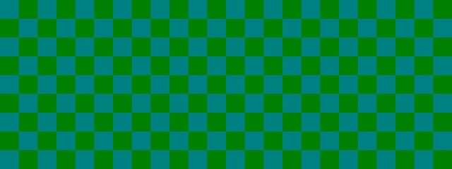 Checkerboard banner. Green and Teal colors of checkerboard. Small squares, small cells. Chessboard, checkerboard texture. Squares pattern. Background.