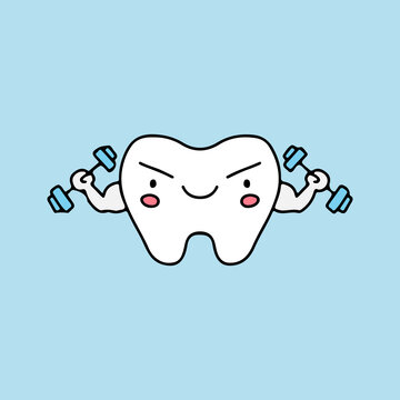 Teeth mascot with muscle and holding barbell illustration. Vector graphics for sticker prints and other uses.