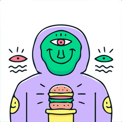 Hip hop alien in hoodie with burger illustration. Vector graphics for t-shirt prints and other uses.