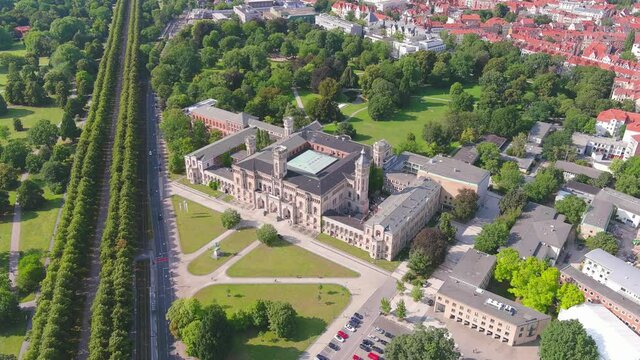 Hanover: Aerial view of city in Germany, main building of University of Hanover (Leibniz Universit&auml;t Hannover) - landscape panorama of Europe from above