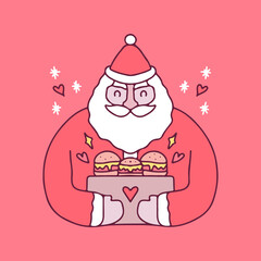 Happy Santa Claus holding a bag of burgers illustration. Vector graphics for t-shirt prints and other uses.