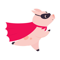 Pink Pig Superhero Character in Eye Mask and Cloak Having Super Power Vector Illustration