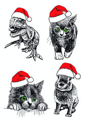 Vector animals in Santa Claus red hats , Christmas elements cats, bunny and dinosaur