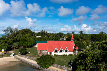 Aerial view, Africa, Mauritius, Palplemousses region, Cap Malheureux bay., Notre-Dame Auxiliatrice...