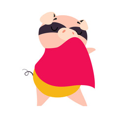 Pink Pig Superhero Character in Eye Mask and Cloak Having Super Power Vector Illustration