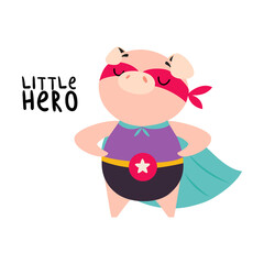 Pink Pig Superhero Character in Eye Mask and Cloak Having Super Power Vector Illustration