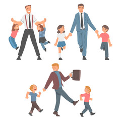 Obraz premium Dad Businessman Wearing Suit and Tie Walking and Playing with His Son and Daughter Vector Set