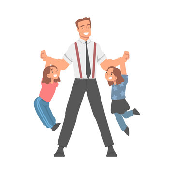 Dad Businessman Wearing Tie Holding Lifting His Daughter Hanging on His Arm Vector Illustration